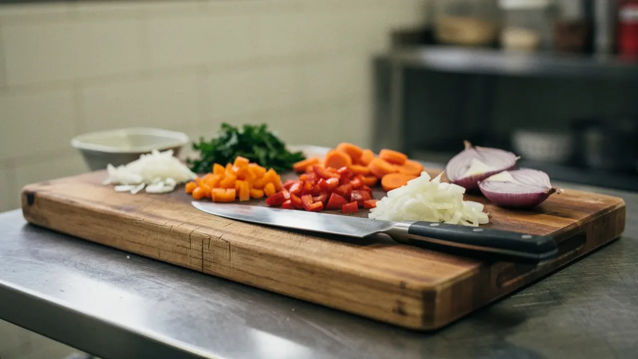 AI-generated image of a chef's knife and freshly chopped vegetables on a wooden board on a stainless steel kitchen bench