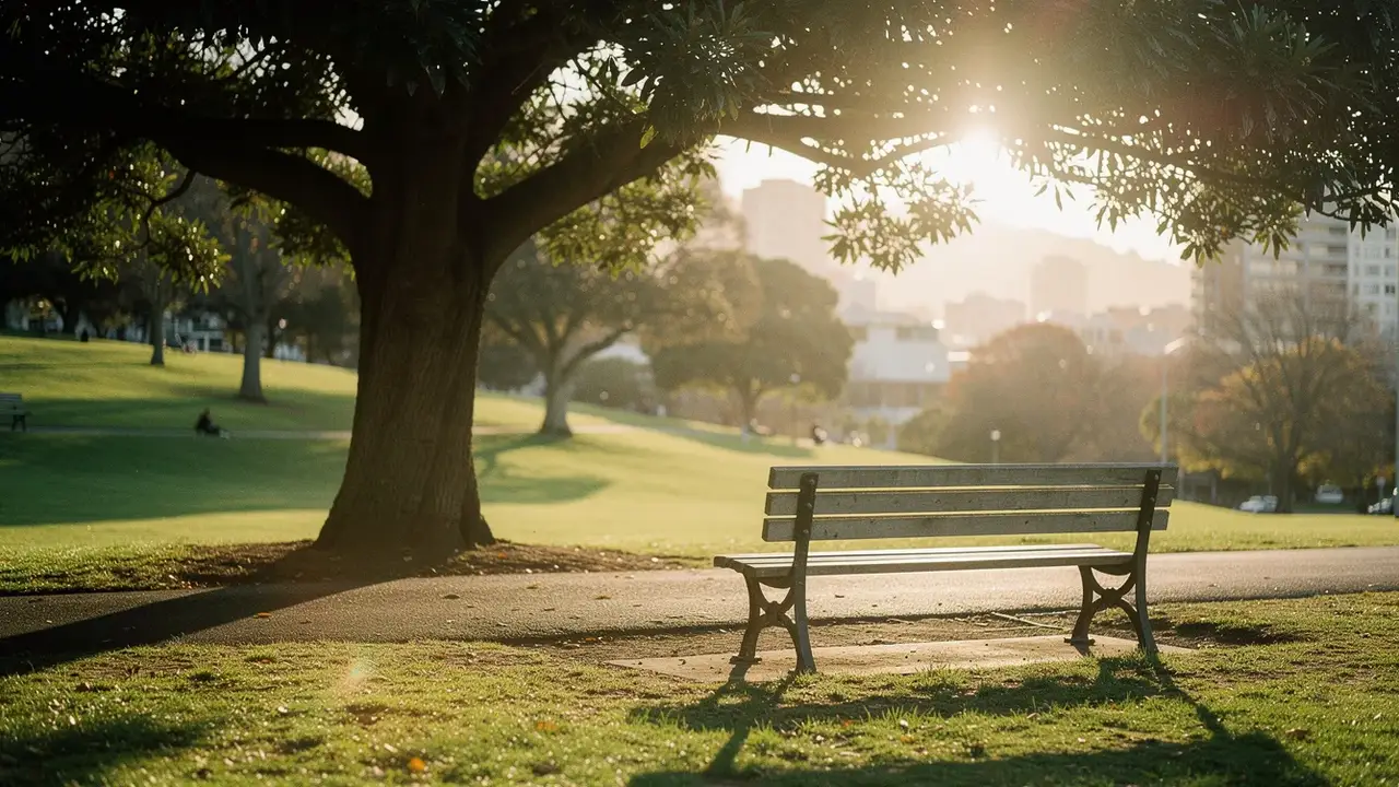 AI-generated image of an empty wooden park bench under a large spreading tree in a quiet city park, in late afternoon light with long shadows on the grass