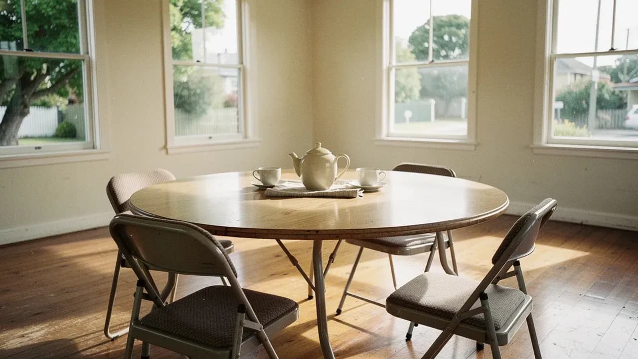 AI-generated image of a sunlit community hall with folding chairs around a round table set with a teapot and cups