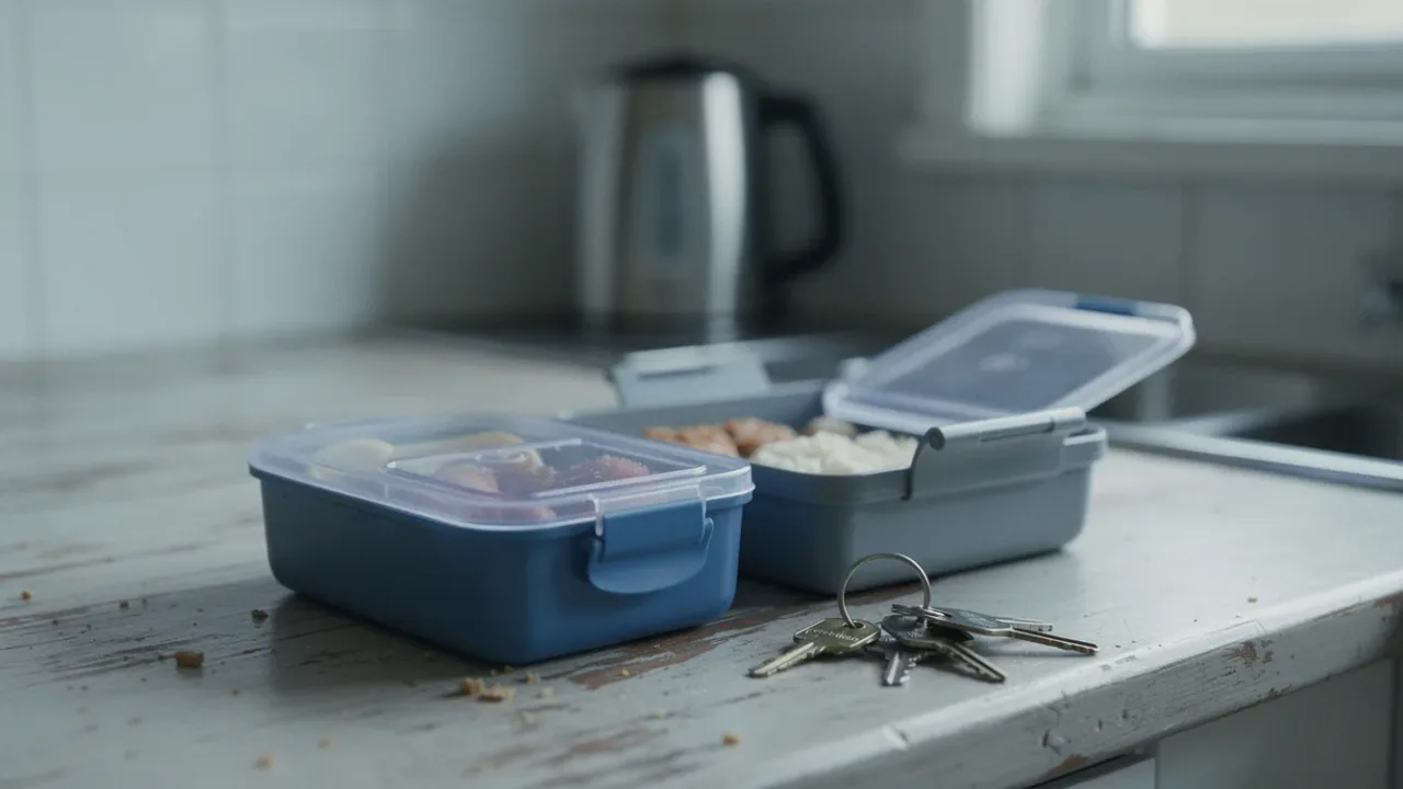 AI-generated image of two packed lunchboxes and a set of house keys on a kitchen bench in early morning light, with a kettle out of focus behind