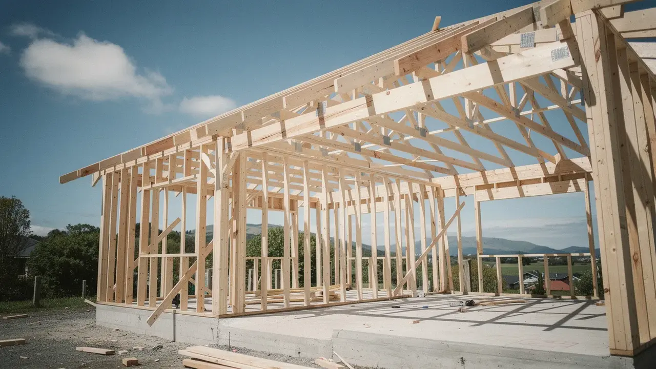 AI-generated image of the exposed timber framing of a new house under construction, with fresh studs and roof trusses against a blue sky