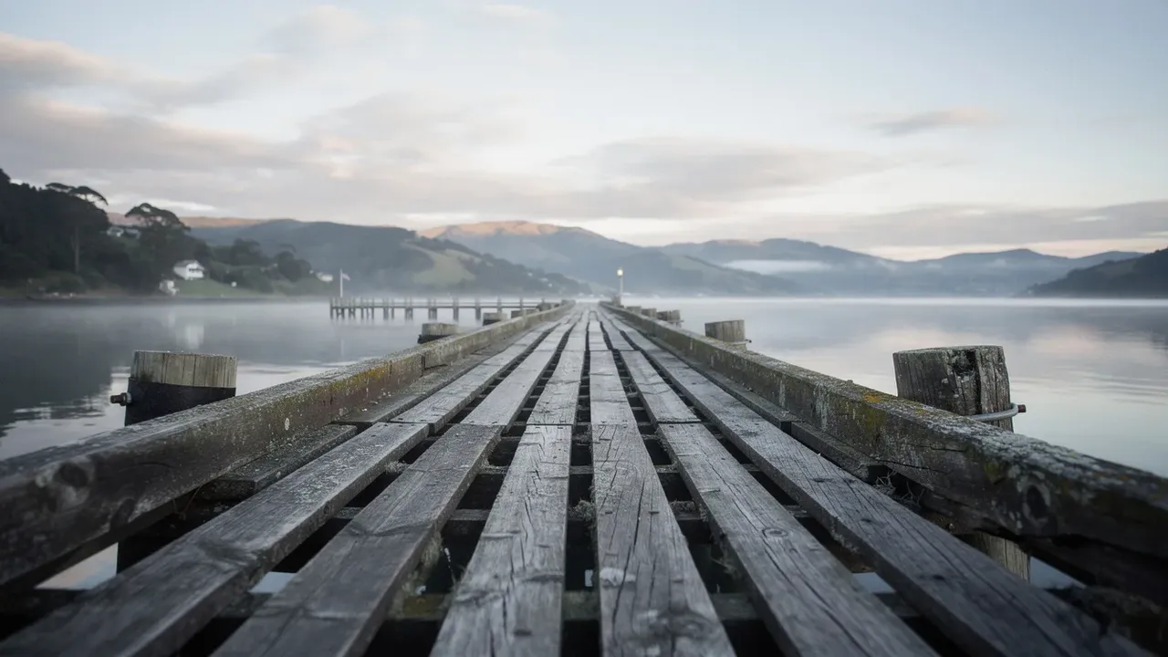 AI-generated image of a long weathered wooden jetty stretching out over a calm harbour at dawn, with low hills beyond