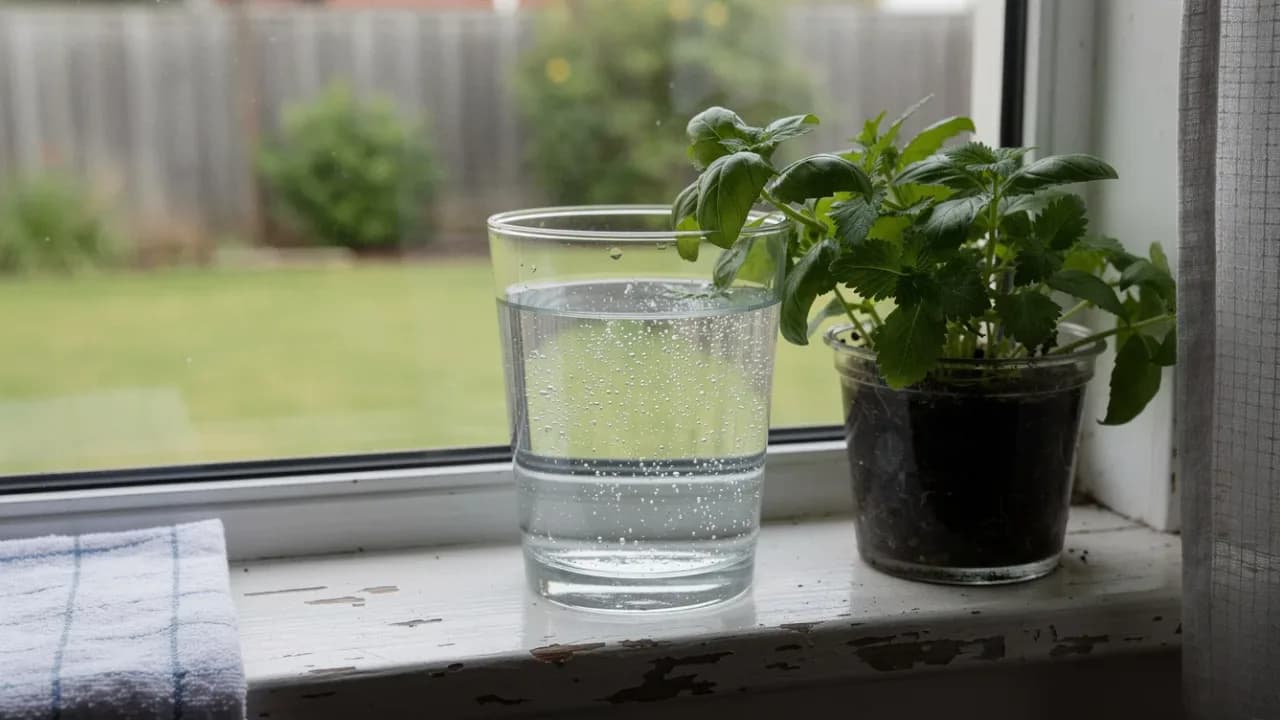 AI-generated image of a glass of water and a pot of fresh herbs on a kitchen windowsill, with a green garden outside