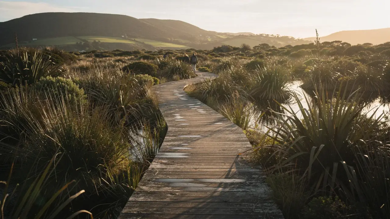 AI-generated image of a wooden boardwalk winding through a wetland of flax and rushes at golden hour, with low hills beyond and two walkers in the far distance